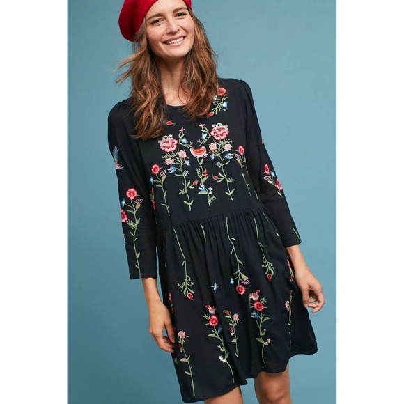 Maeve Dresses & Skirts - Anthropologie Maeve Allison Tunic Black Floral Birds Embroidered Babydoll Boho M